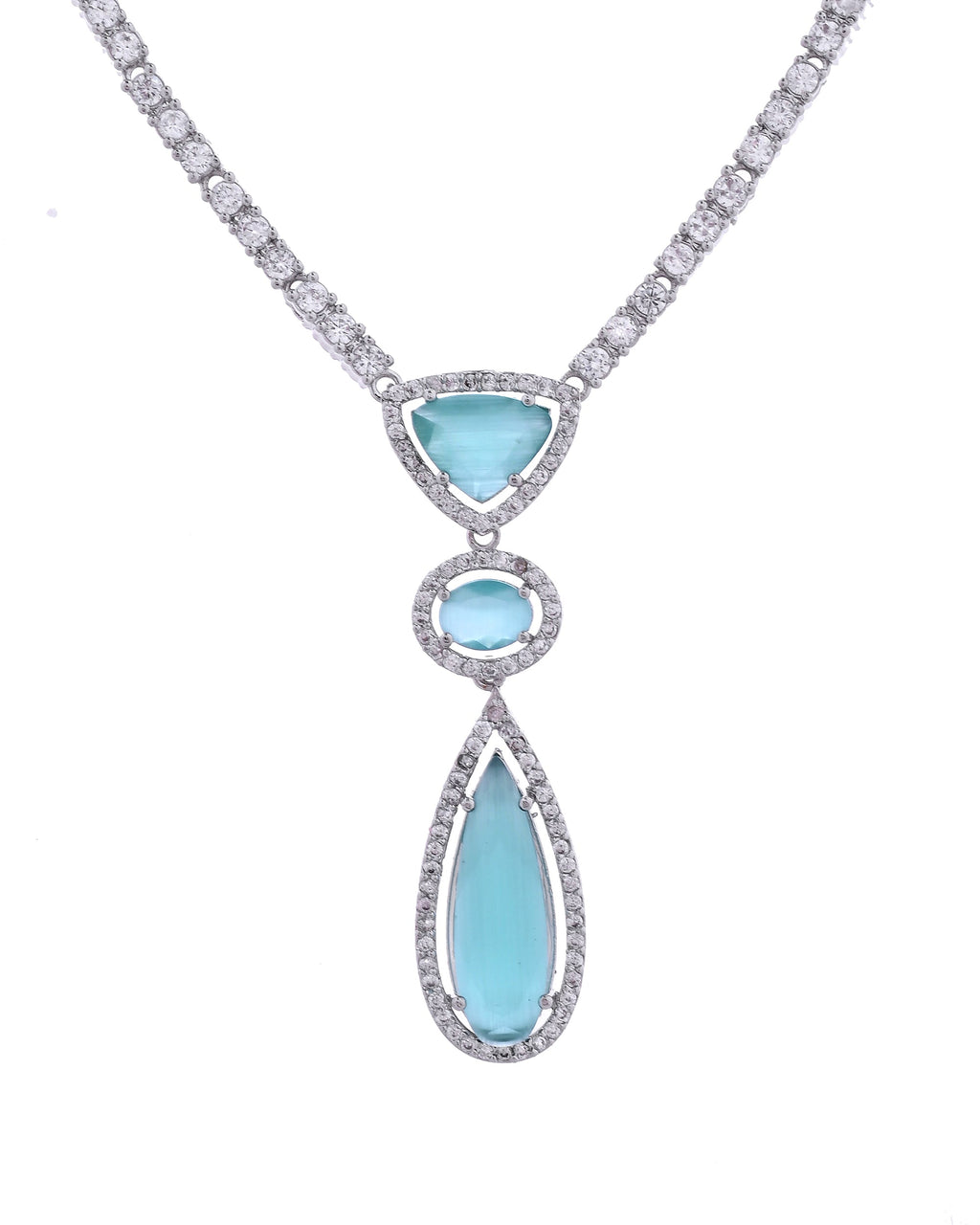 VOJ Silver-Plated Ad & Teal Green Cubic Zirconia Studded Jewellery Set | Grocsy