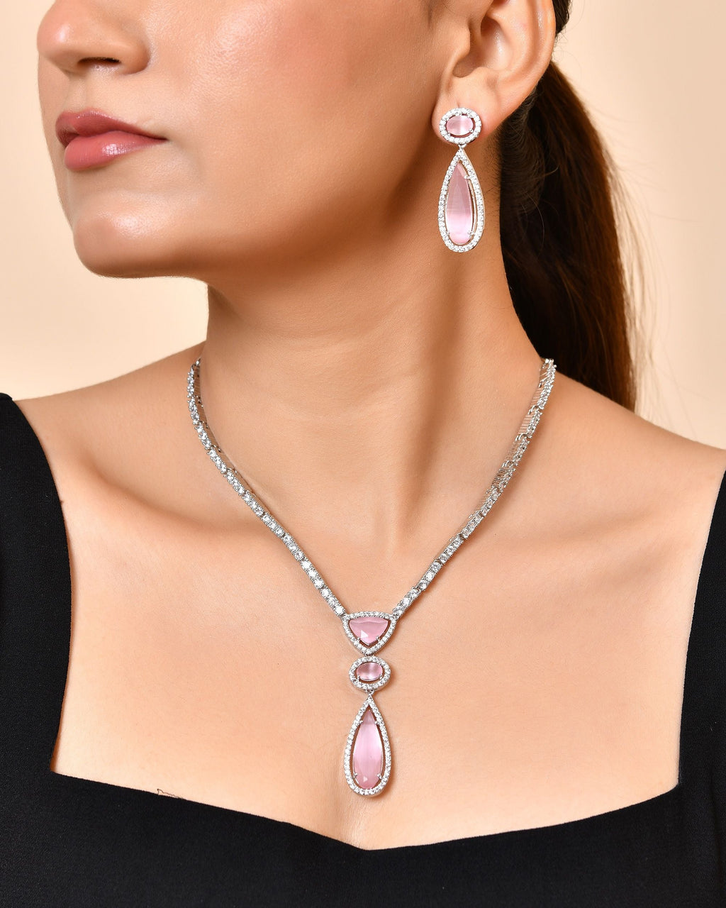 VOJ Silver-Plated Ad & Baby Pink Cubic Zirconia Studded Jewellery Set | Grocsy