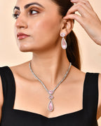 VOJ Silver-Plated Ad & Baby Pink Cubic Zirconia Studded Jewellery Set | Grocsy