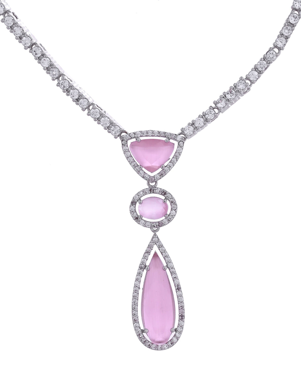 VOJ Silver-Plated Ad & Baby Pink Cubic Zirconia Studded Jewellery Set | Grocsy