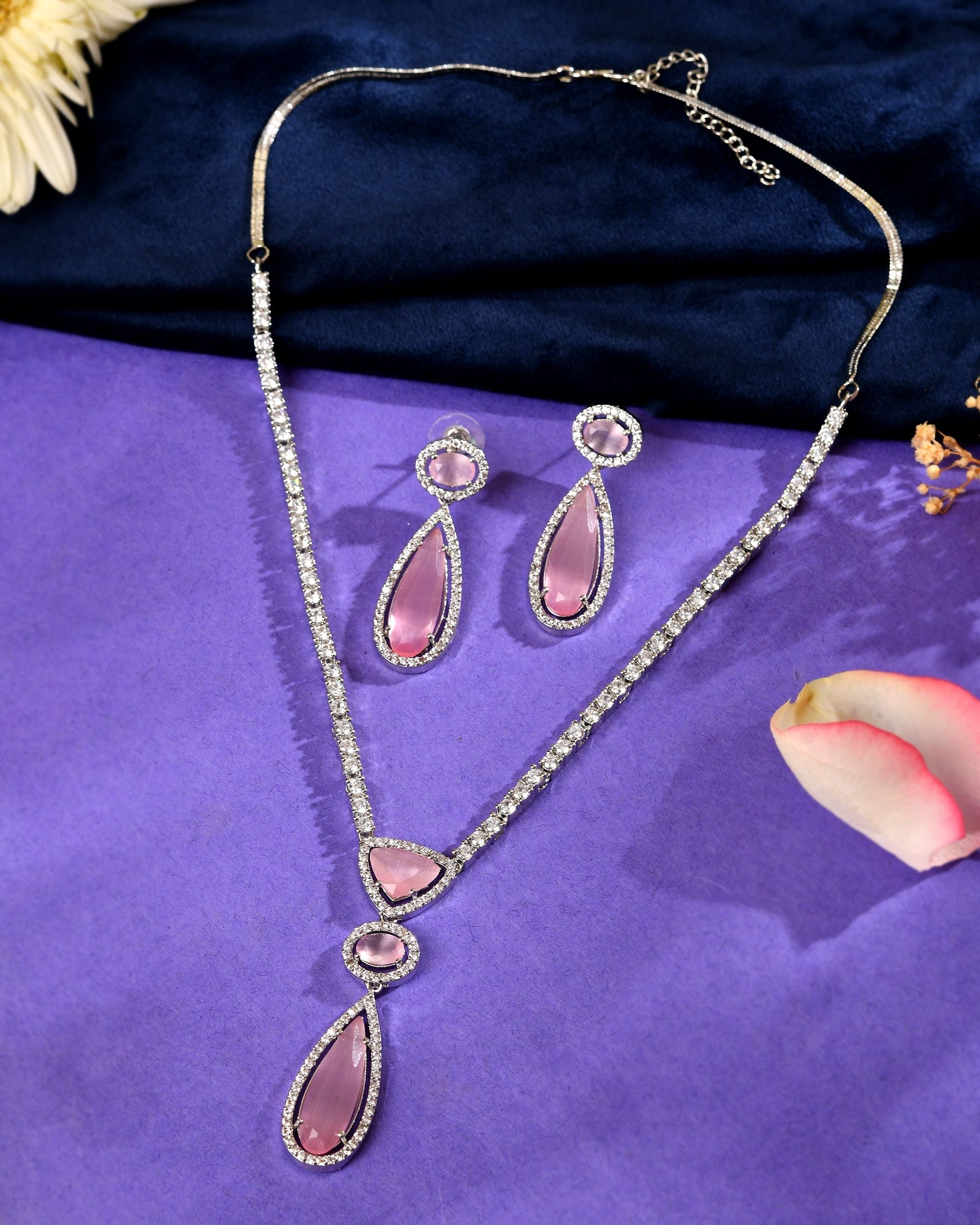 VOJ Silver-Plated Ad & Baby Pink Cubic Zirconia Studded Jewellery Set | Grocsy