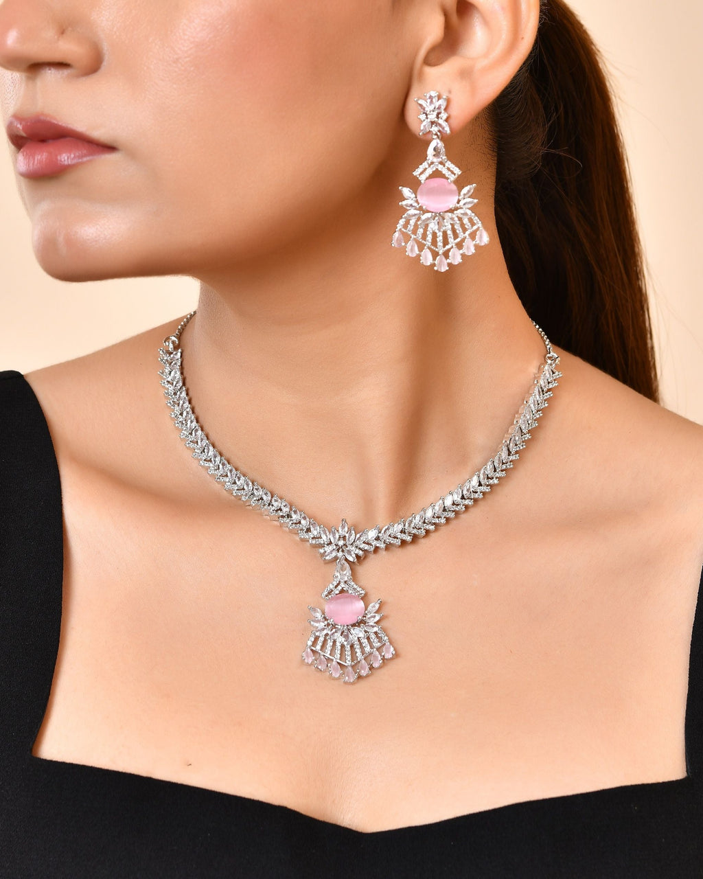 VOJ Silver Toned Cz Stone Studded Baby Pink Jewellery Set | Grocsy