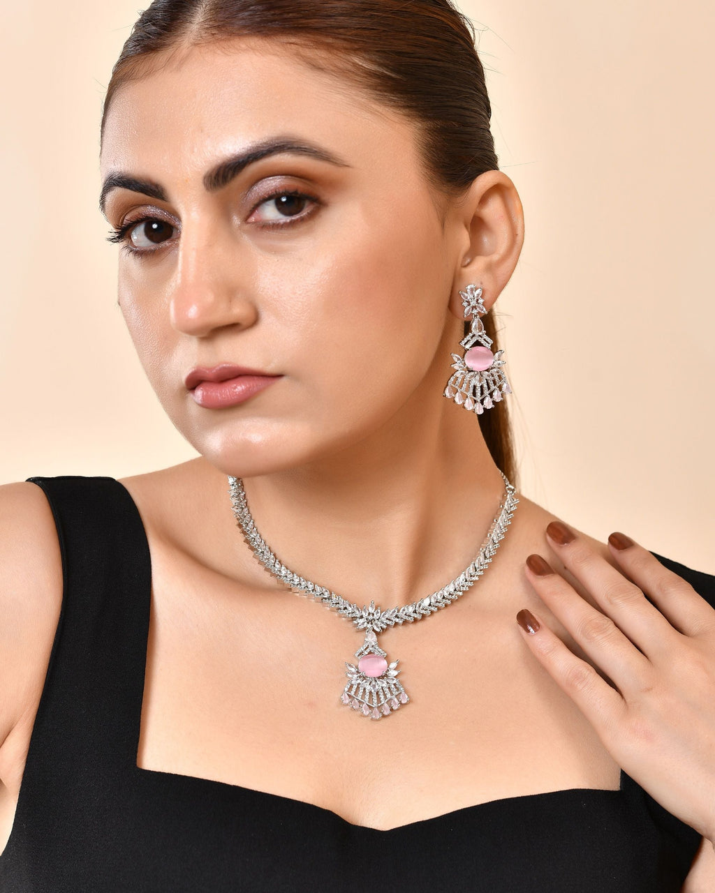 VOJ Silver Toned Cz Stone Studded Baby Pink Jewellery Set | Grocsy