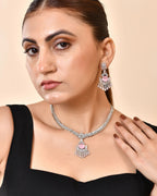 VOJ Silver Toned Cz Stone Studded Baby Pink Jewellery Set | Grocsy