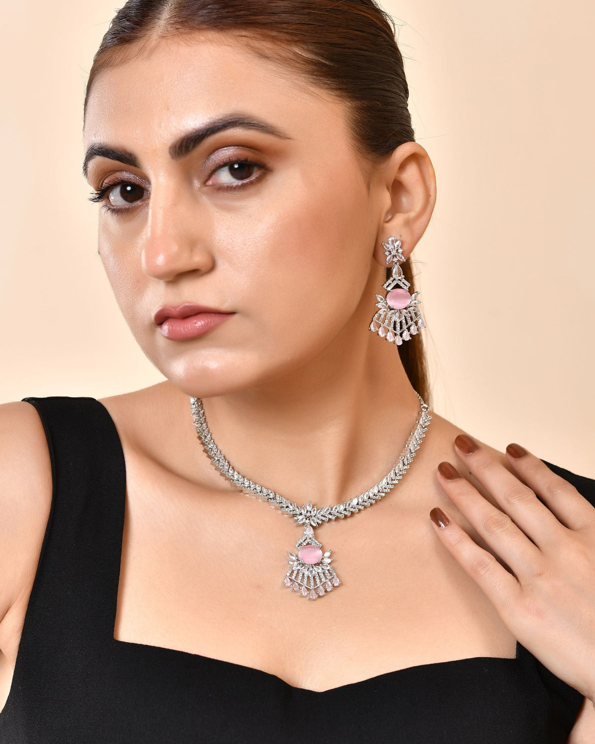 VOJ Silver Toned Cz Stone Studded Baby Pink Jewellery Set | Grocsy