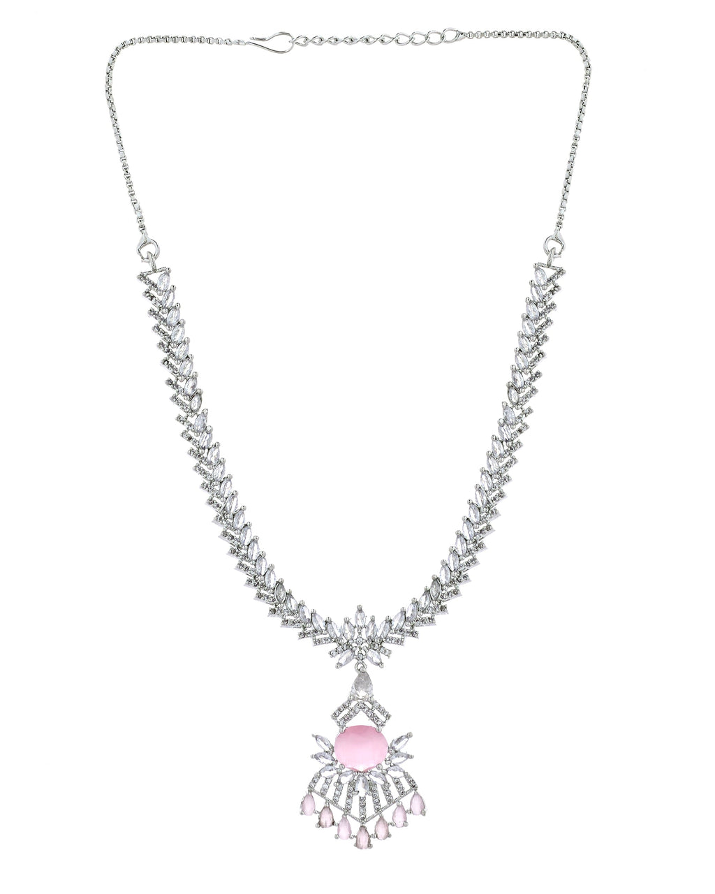 VOJ Silver Toned Cz Stone Studded Baby Pink Jewellery Set | Grocsy