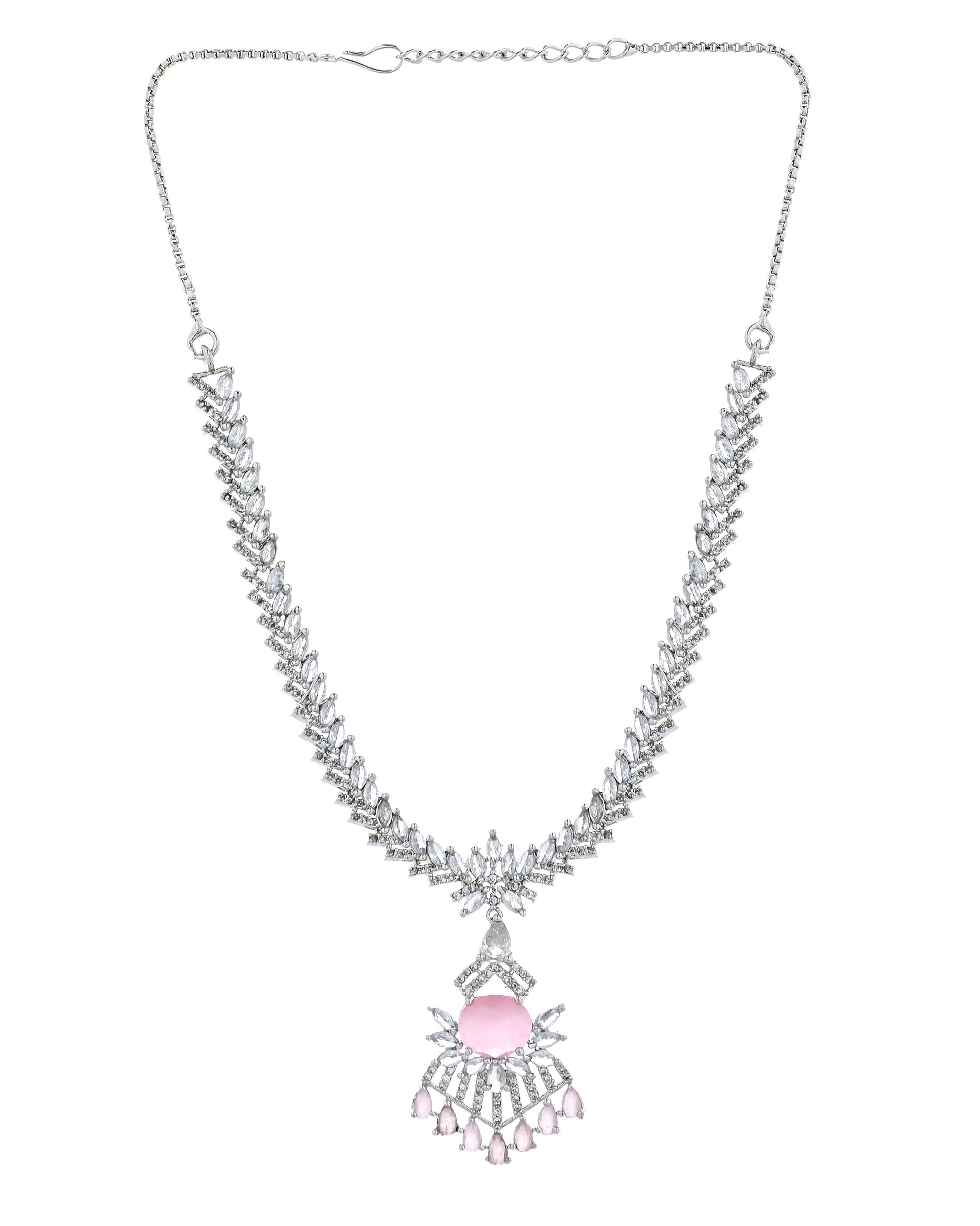 VOJ Silver Toned Cz Stone Studded Baby Pink Jewellery Set | Grocsy
