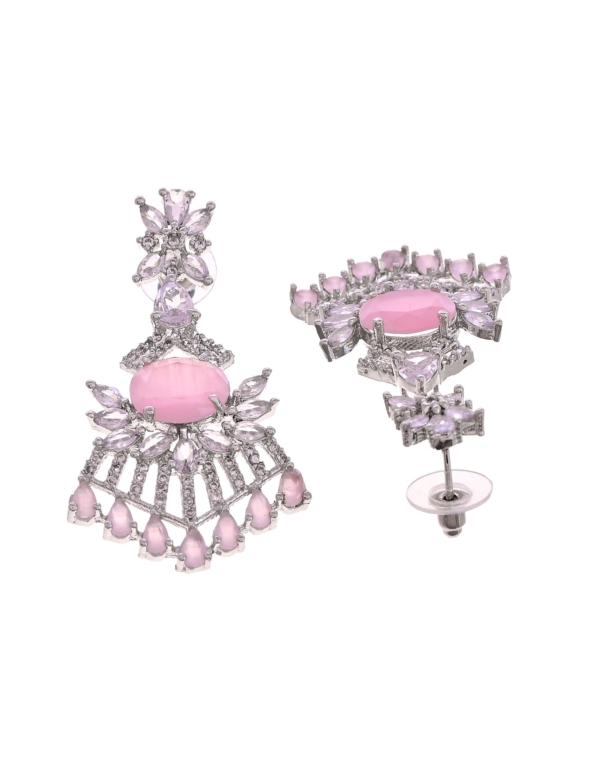 VOJ Silver Toned Cz Stone Studded Baby Pink Jewellery Set | Grocsy