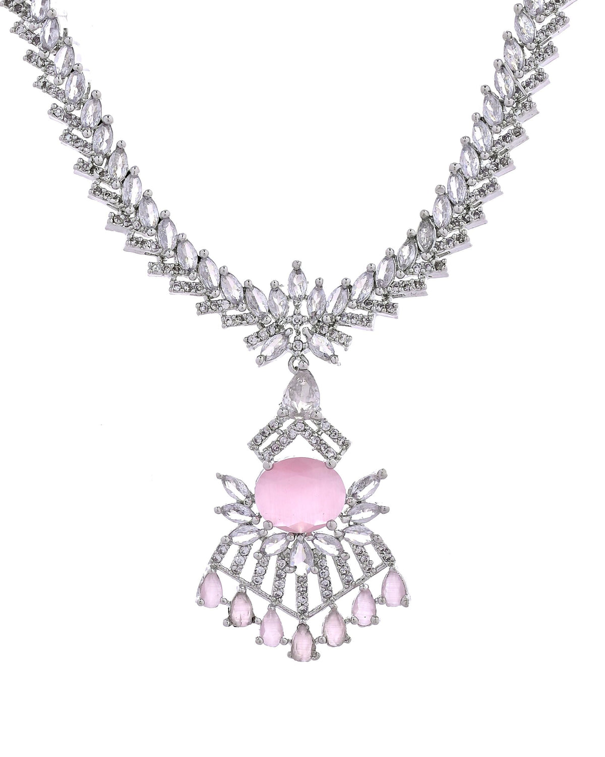 VOJ Silver Toned Cz Stone Studded Baby Pink Jewellery Set | Grocsy