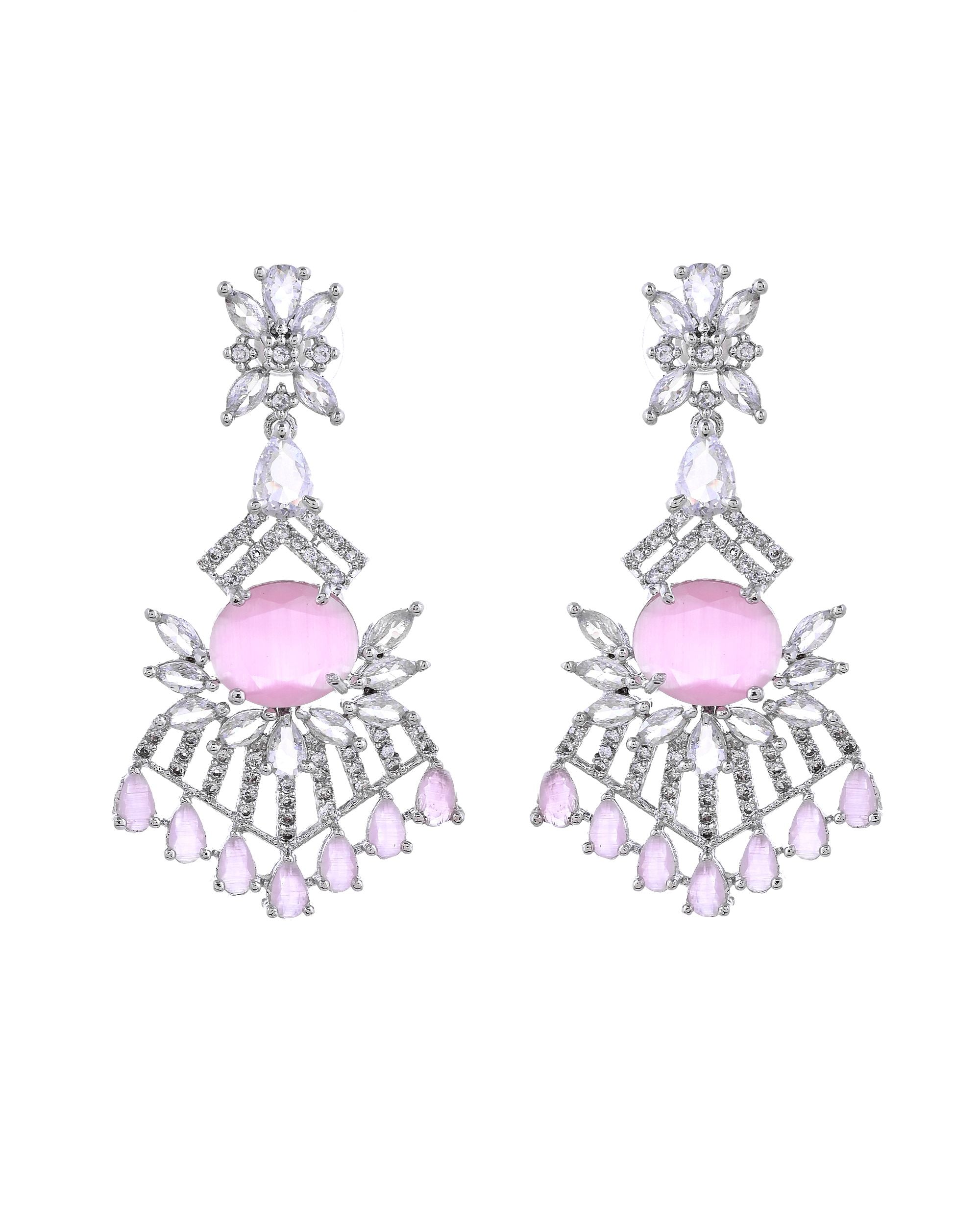 VOJ Silver Toned Cz Stone Studded Baby Pink Jewellery Set | Grocsy