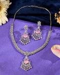 VOJ Silver Toned Cz Stone Studded Baby Pink Jewellery Set | Grocsy