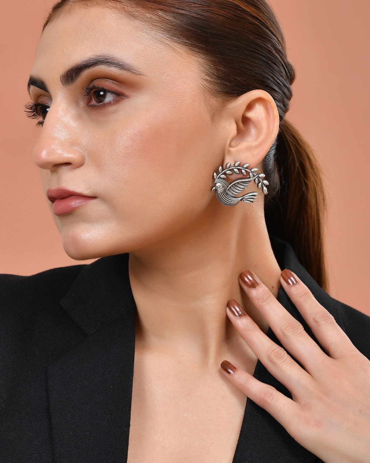 VOJ Silver Plated Bird Designed Oxidized Studs Earrings | Grocsy