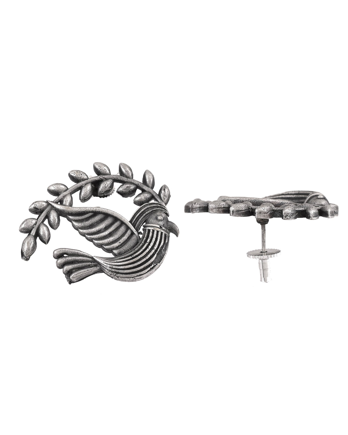 VOJ Silver Plated Bird Designed Oxidized Studs Earrings | Grocsy