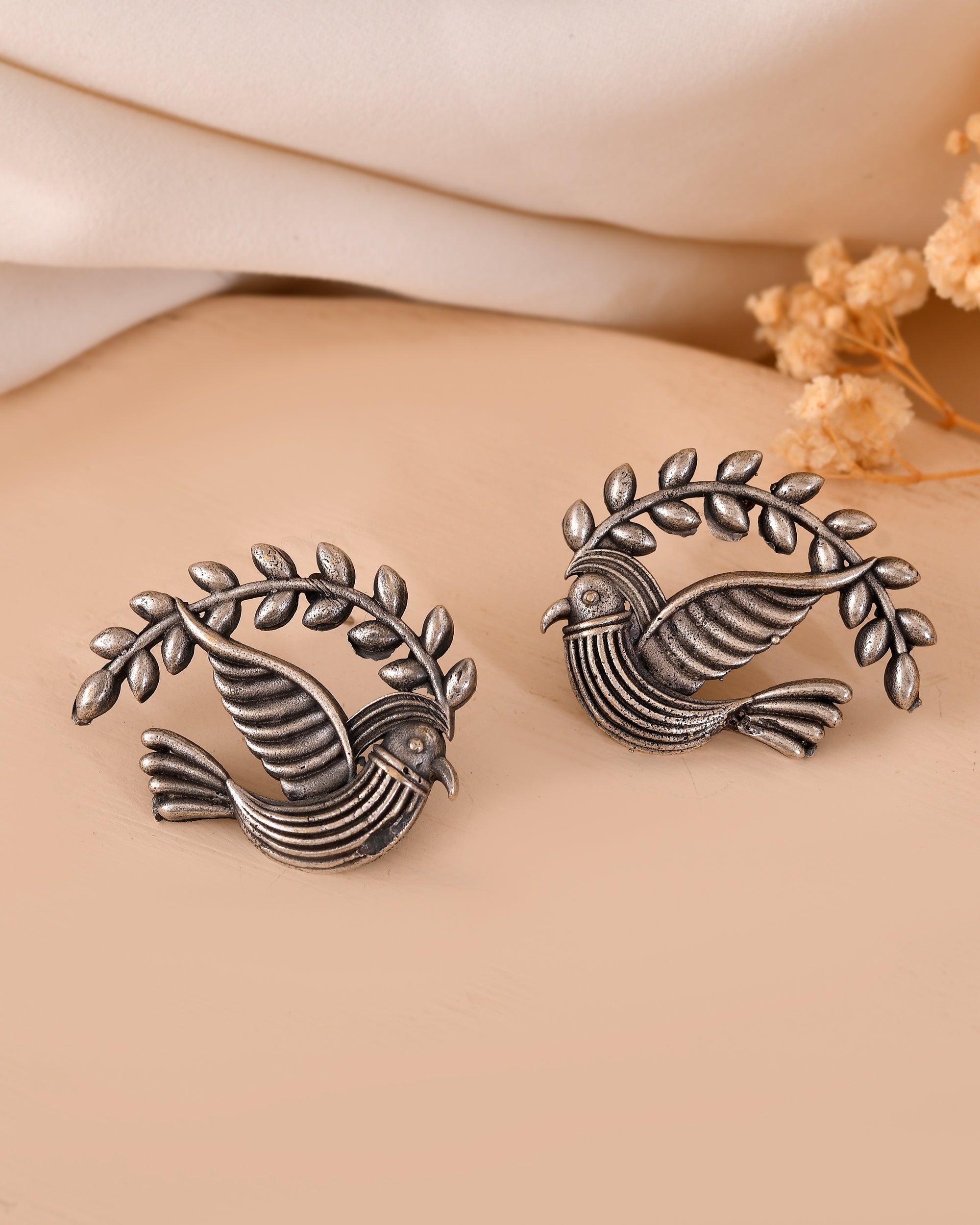 VOJ Silver Plated Bird Designed Oxidized Studs Earrings | Grocsy