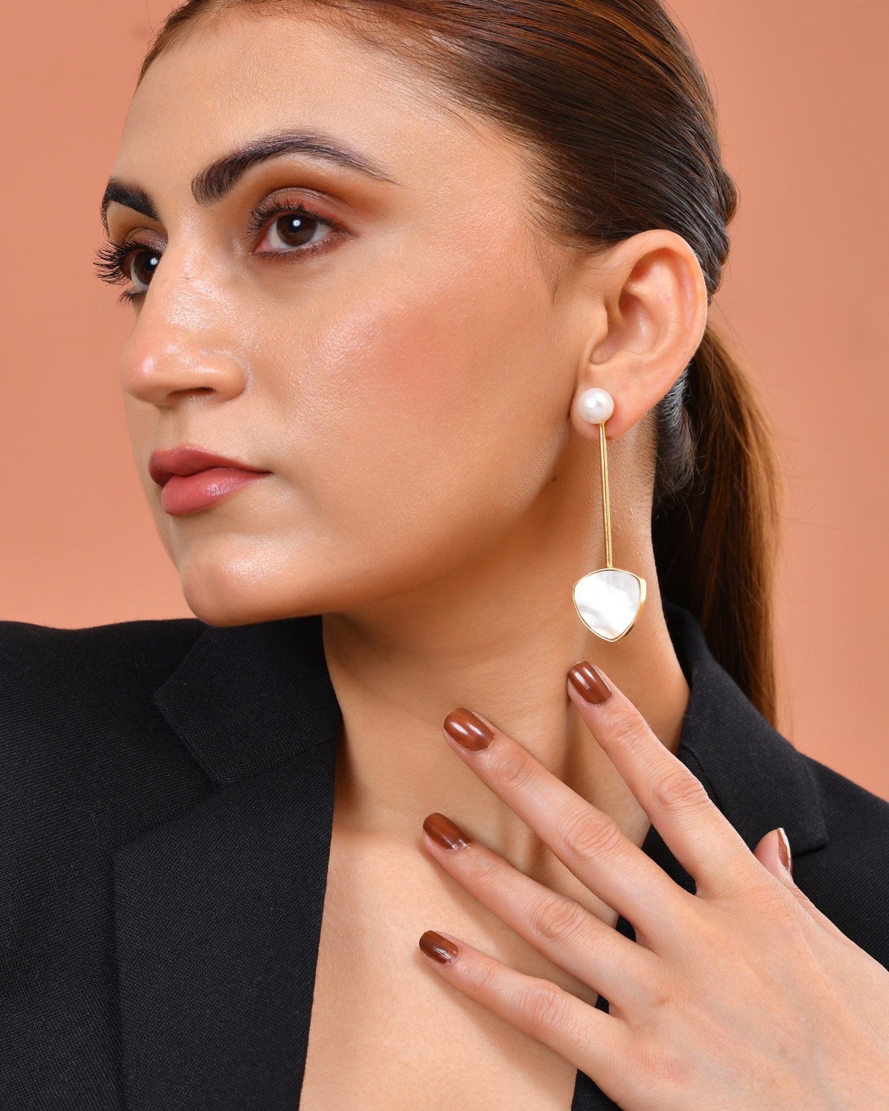VOJ Gold Plated Stone With Pearl Long Studs Earrings | Grocsy