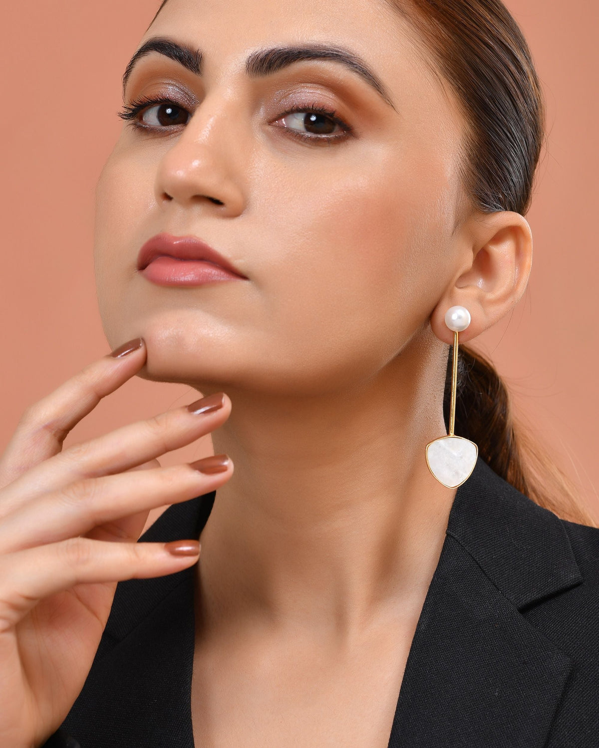 VOJ Gold Plated Stone With Pearl Long Studs Earrings | Grocsy