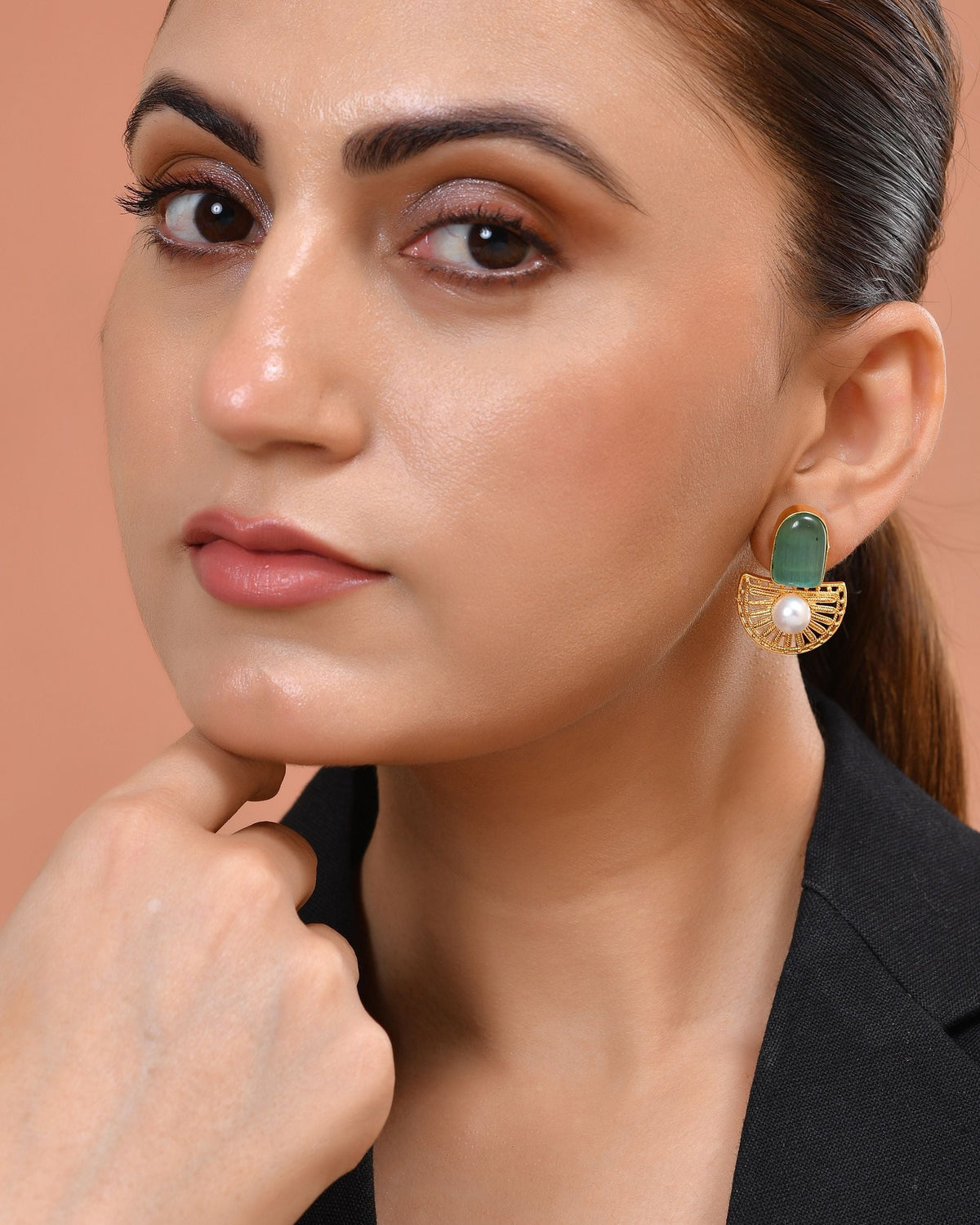 VOJ Gold Plated Teal Green Stone And Pearl Dome Shaped Studs Earrings | Grocsy