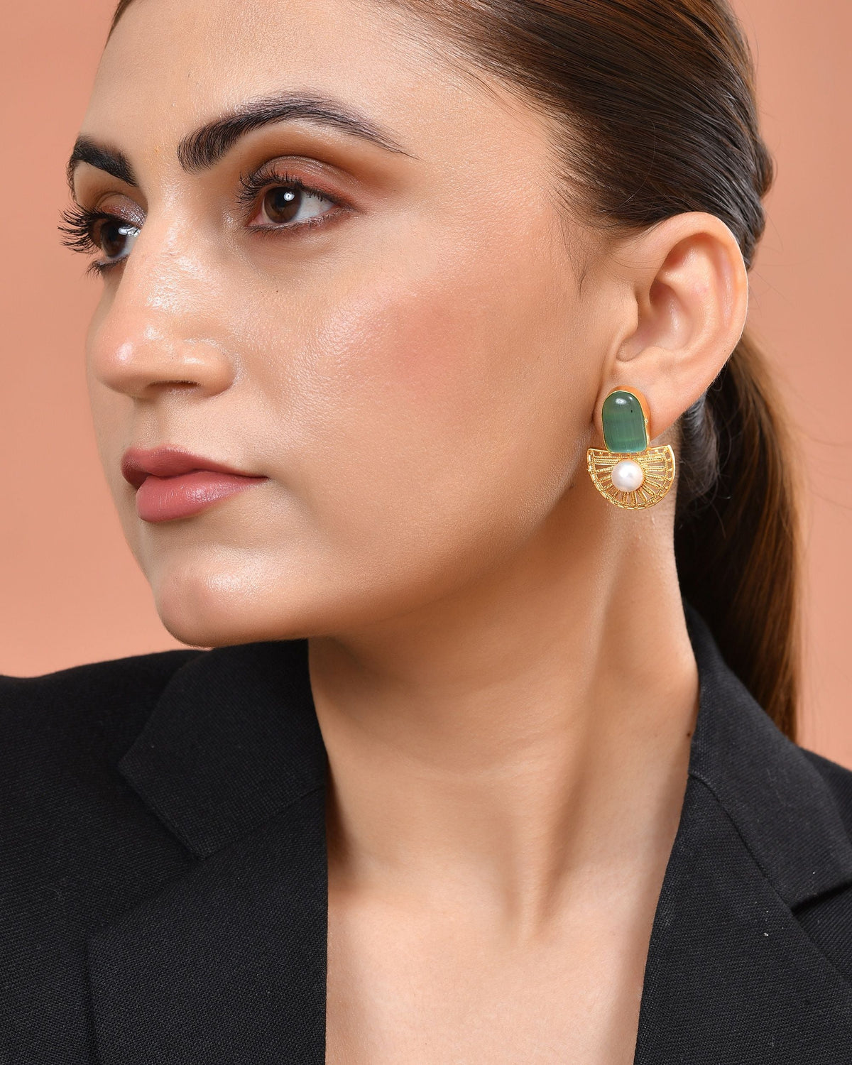 VOJ Gold Plated Teal Green Stone And Pearl Dome Shaped Studs Earrings | Grocsy