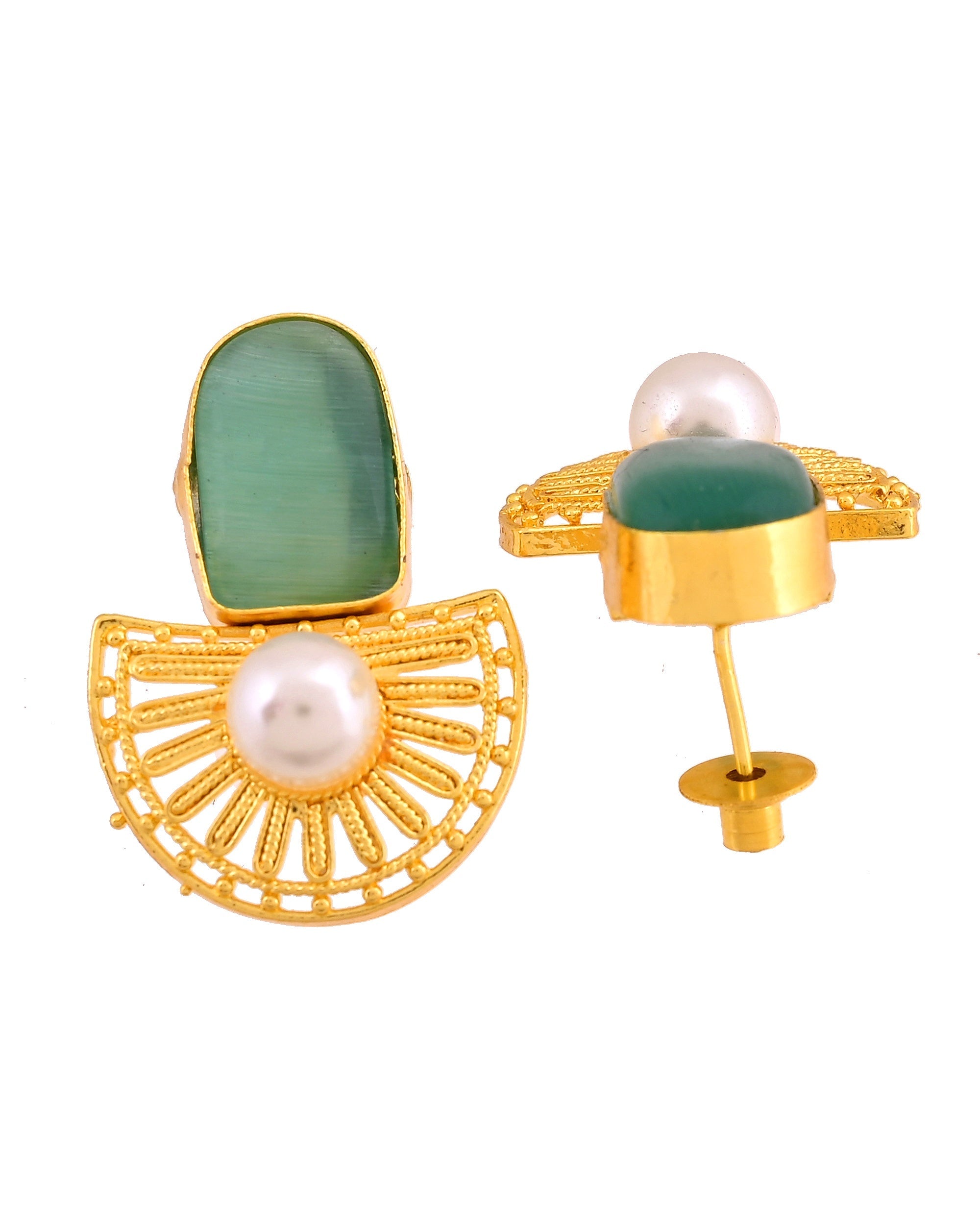 VOJ Gold Plated Teal Green Stone And Pearl Dome Shaped Studs Earrings | Grocsy