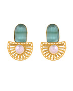 VOJ Gold Plated Teal Green Stone And Pearl Dome Shaped Studs Earrings | Grocsy