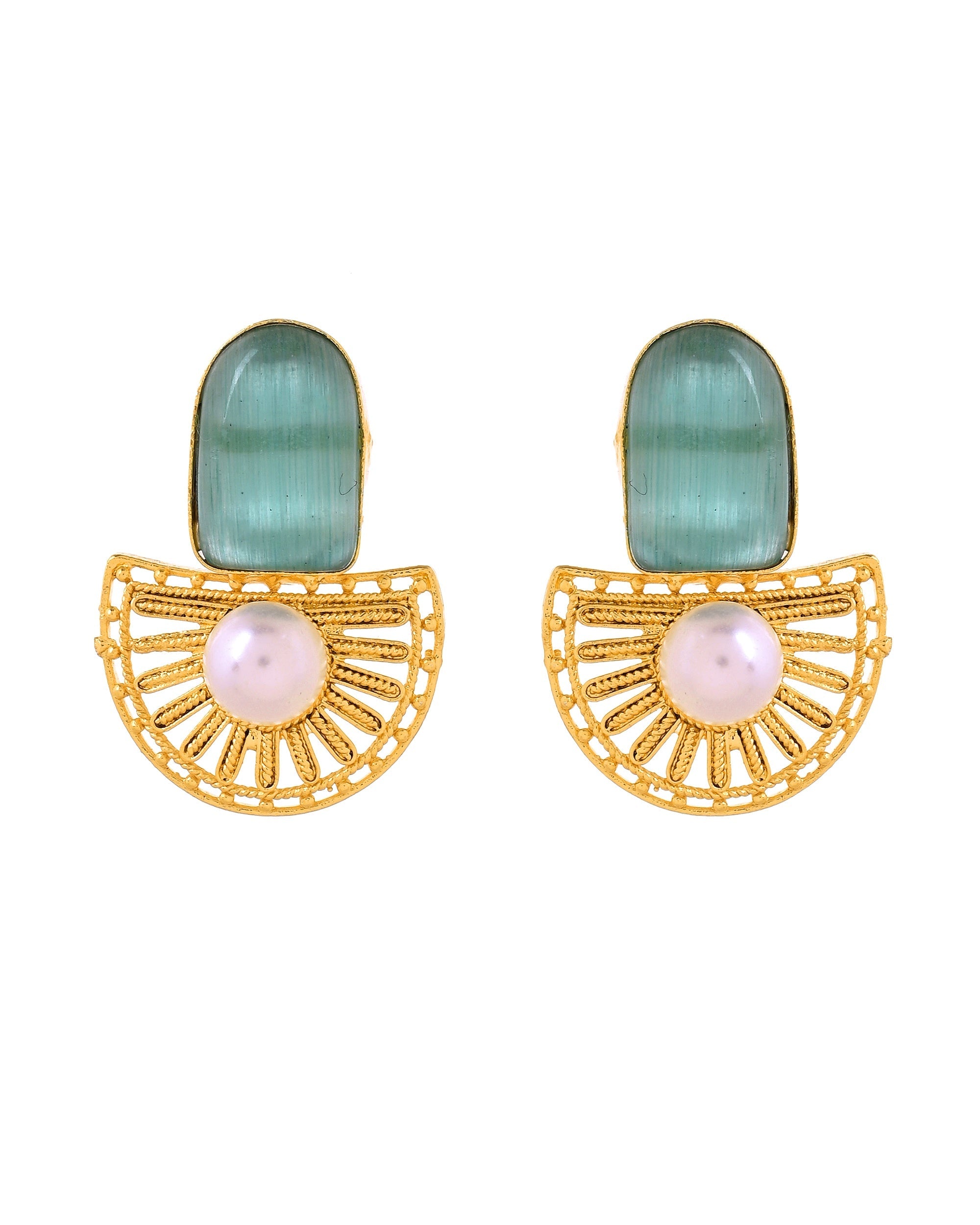 VOJ Gold Plated Teal Green Stone And Pearl Dome Shaped Studs Earrings | Grocsy