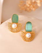 VOJ Gold Plated Teal Green Stone And Pearl Dome Shaped Studs Earrings | Grocsy