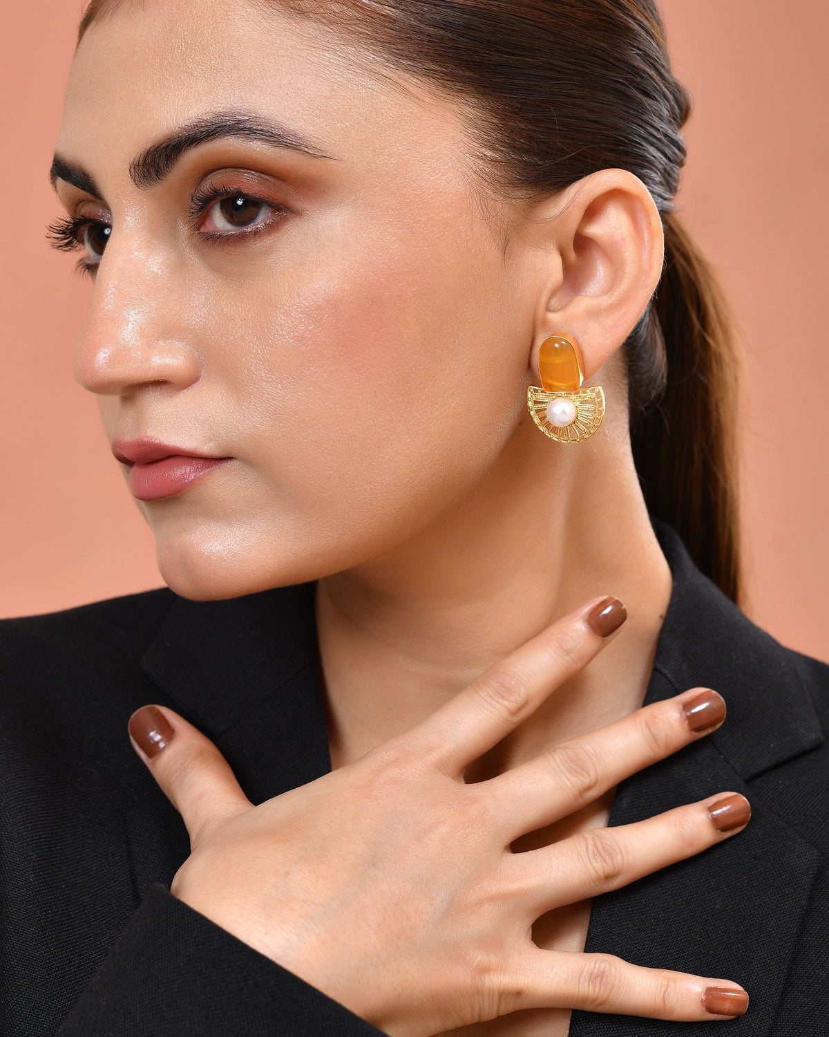 VOJ Gold Plated Yellow Stone And Pearl Dome Shaped Studs Earrings | Grocsy