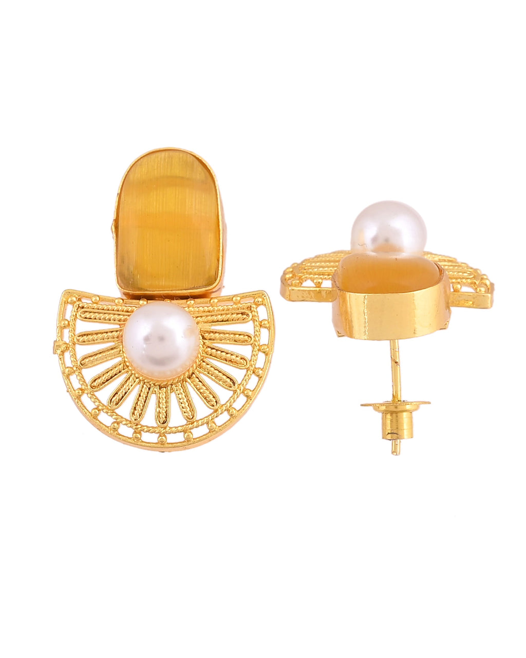 VOJ Gold Plated Yellow Stone And Pearl Dome Shaped Studs Earrings | Grocsy