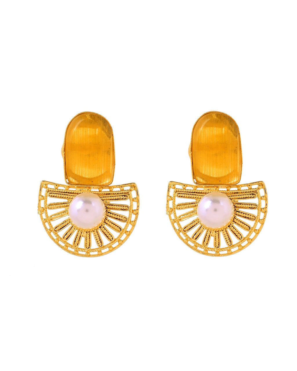 VOJ Gold Plated Yellow Stone And Pearl Dome Shaped Studs Earrings | Grocsy