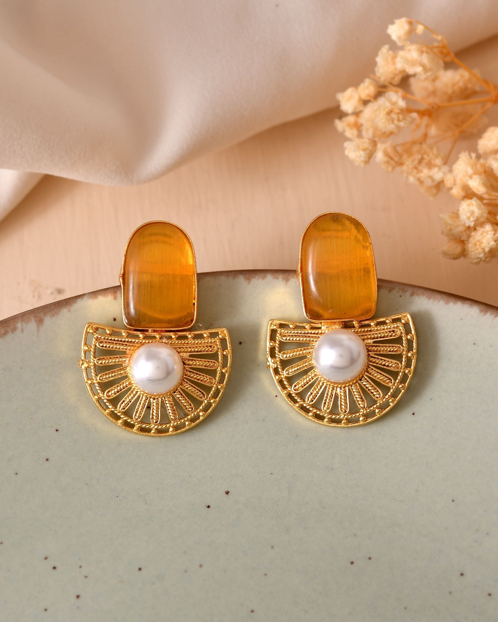 VOJ Gold Plated Yellow Stone And Pearl Dome Shaped Studs Earrings | Grocsy