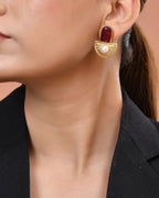 VOJ Gold Plated Red Stone And Pearl Dome Shaped Studs Earrings | Grocsy