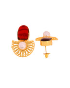 VOJ Gold Plated Red Stone And Pearl Dome Shaped Studs Earrings | Grocsy