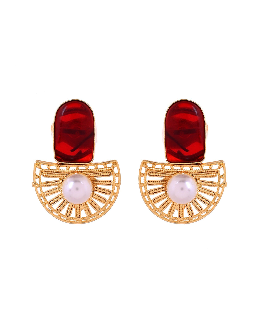 VOJ Gold Plated Red Stone And Pearl Dome Shaped Studs Earrings | Grocsy