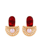 VOJ Gold Plated Red Stone And Pearl Dome Shaped Studs Earrings | Grocsy