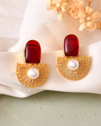 VOJ Gold Plated Red Stone And Pearl Dome Shaped Studs Earrings | Grocsy