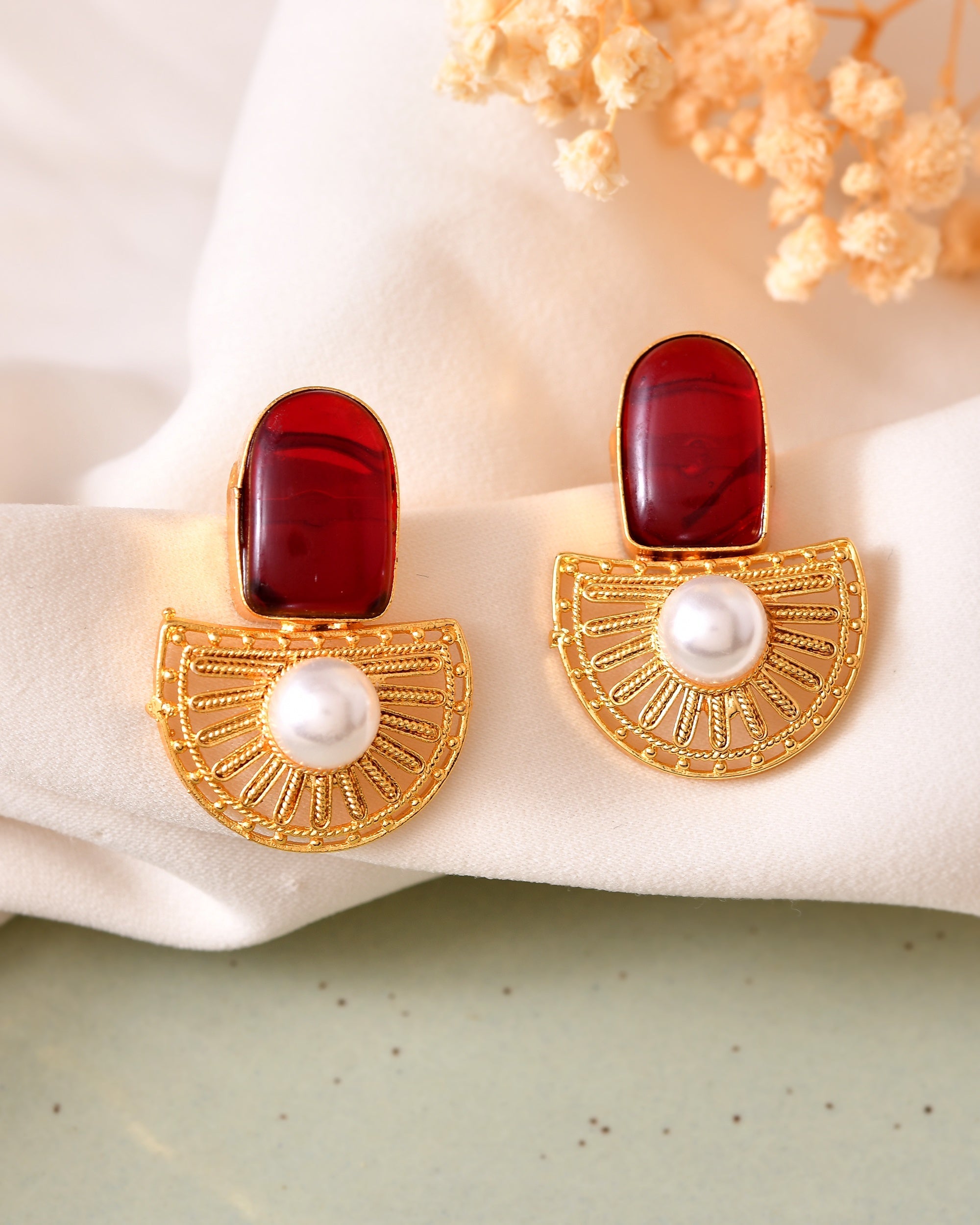 VOJ Gold Plated Red Stone And Pearl Dome Shaped Studs Earrings | Grocsy
