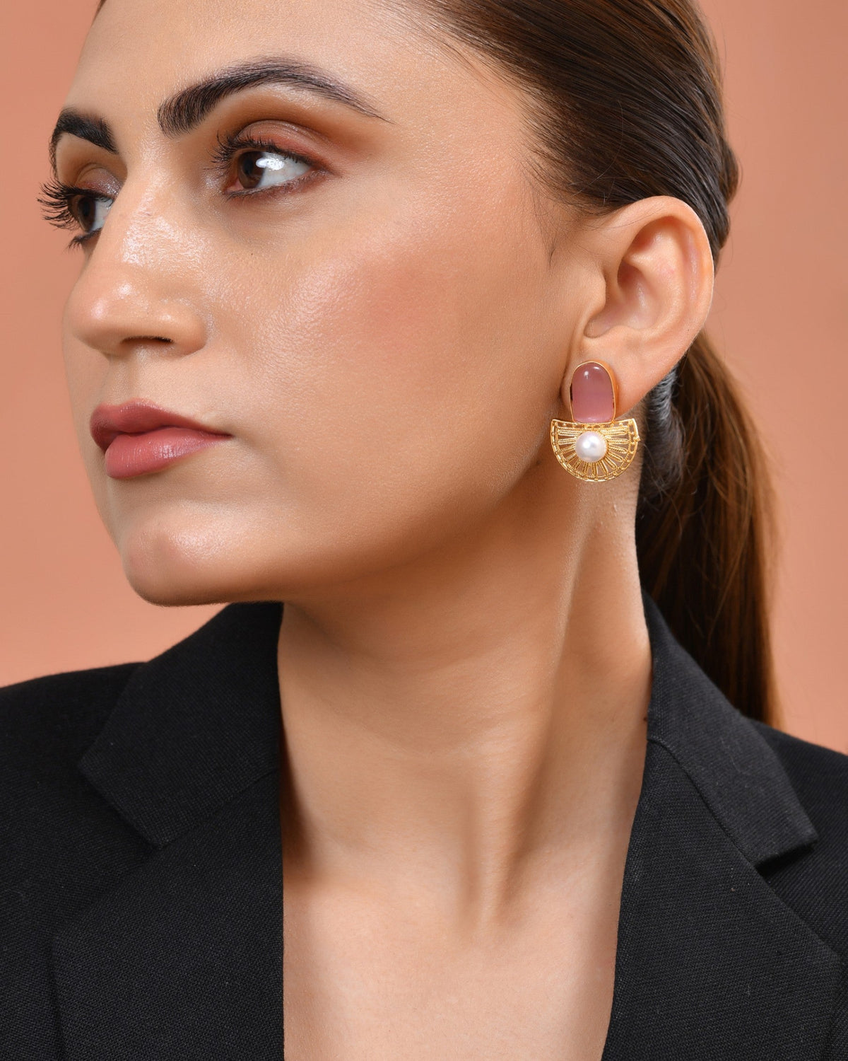 VOJ Gold Plated Pink Stone And Pearl Dome Shaped Studs Earrings | Grocsy