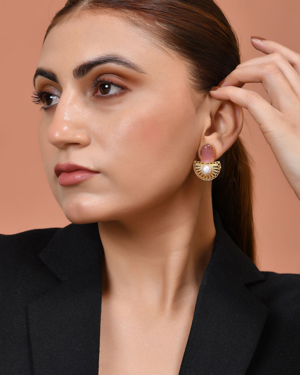VOJ Gold Plated Pink Stone And Pearl Dome Shaped Studs Earrings | Grocsy