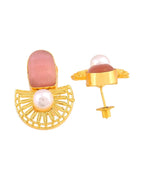 VOJ Gold Plated Pink Stone And Pearl Dome Shaped Studs Earrings | Grocsy