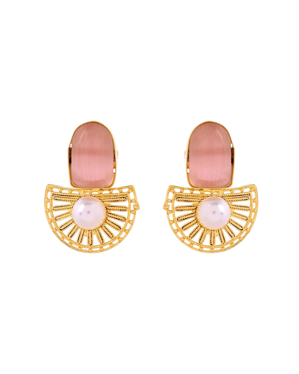VOJ Gold Plated Pink Stone And Pearl Dome Shaped Studs Earrings | Grocsy