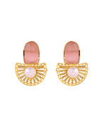 VOJ Gold Plated Pink Stone And Pearl Dome Shaped Studs Earrings | Grocsy