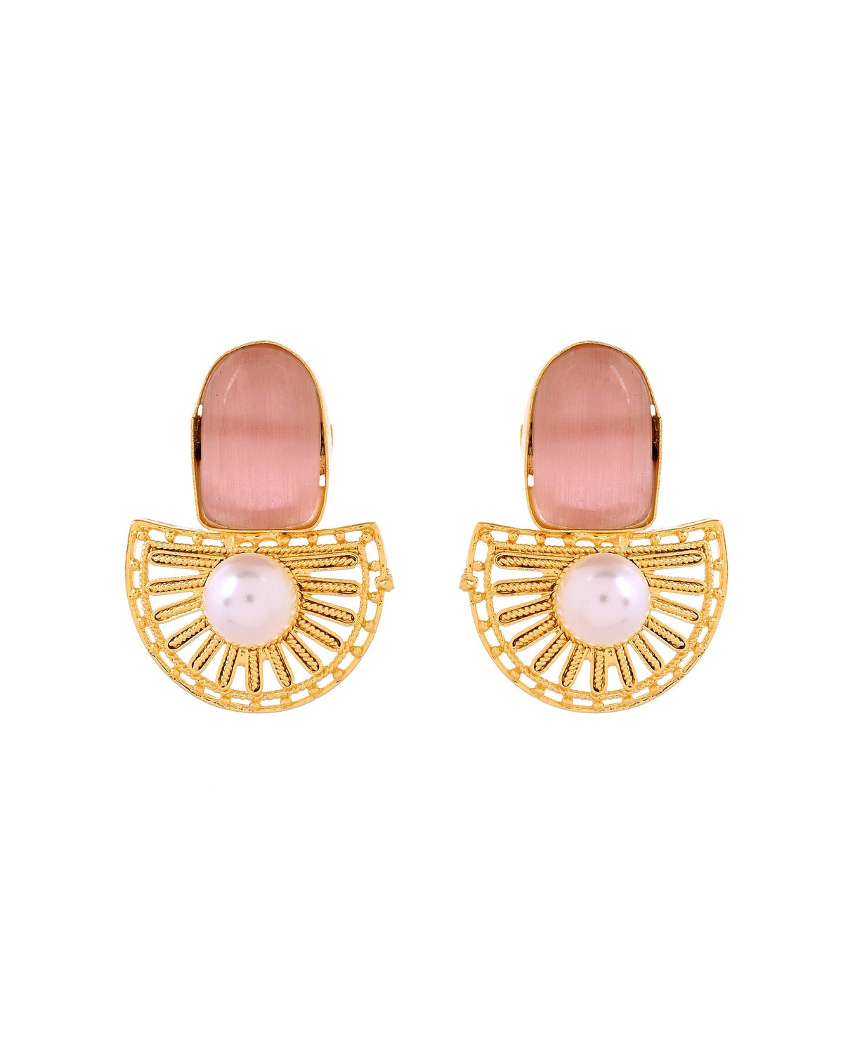VOJ Gold Plated Pink Stone And Pearl Dome Shaped Studs Earrings | Grocsy