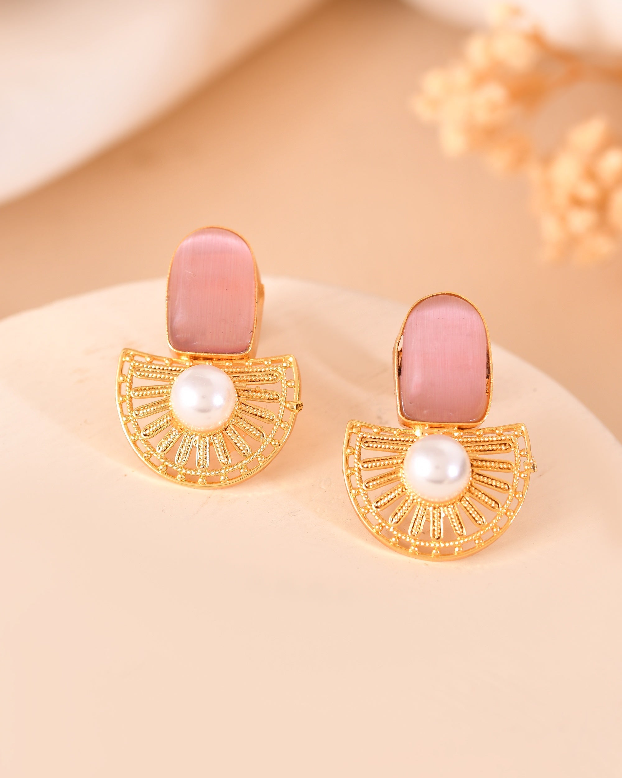 VOJ Gold Plated Pink Stone And Pearl Dome Shaped Studs Earrings | Grocsy