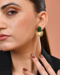 VOJ Gold Plated Green Stone And Pearl Dome Shaped Studs Earrings | Grocsy