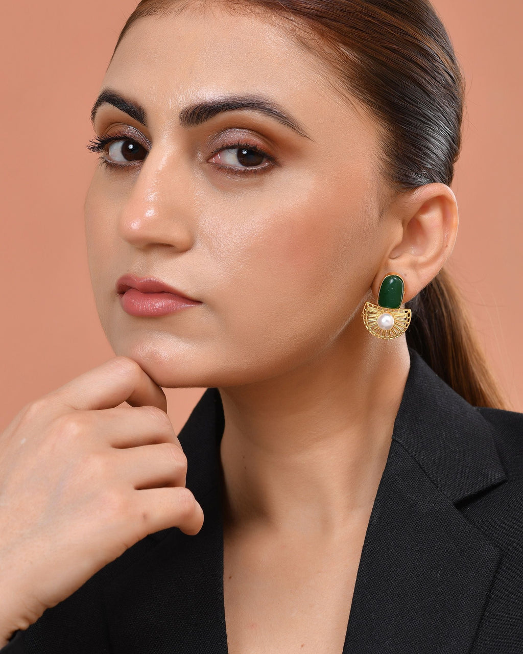 VOJ Gold Plated Green Stone And Pearl Dome Shaped Studs Earrings | Grocsy