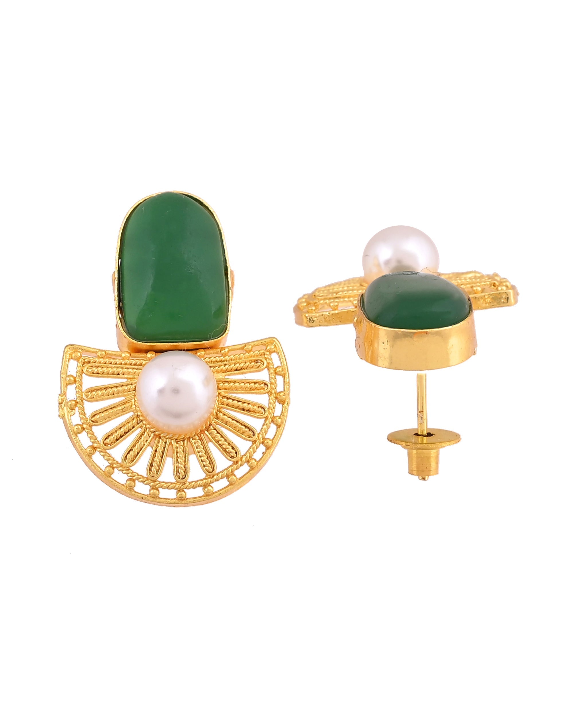 VOJ Gold Plated Green Stone And Pearl Dome Shaped Studs Earrings | Grocsy