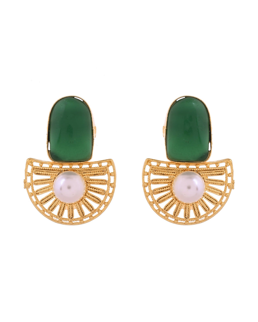 VOJ Gold Plated Green Stone And Pearl Dome Shaped Studs Earrings | Grocsy