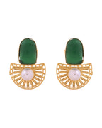 VOJ Gold Plated Green Stone And Pearl Dome Shaped Studs Earrings | Grocsy
