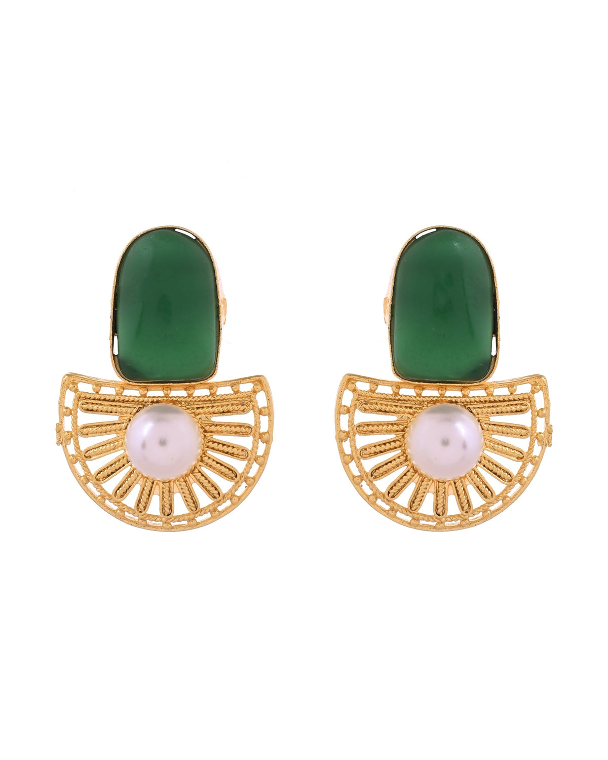 VOJ Gold Plated Green Stone And Pearl Dome Shaped Studs Earrings | Grocsy