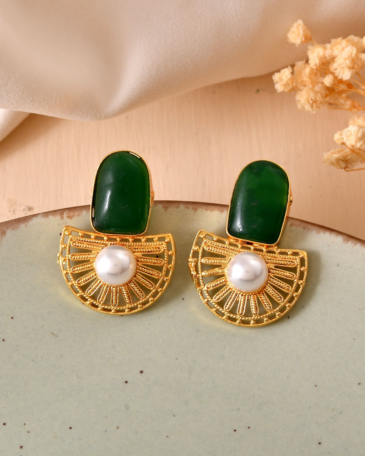 VOJ Gold Plated Green Stone And Pearl Dome Shaped Studs Earrings | Grocsy